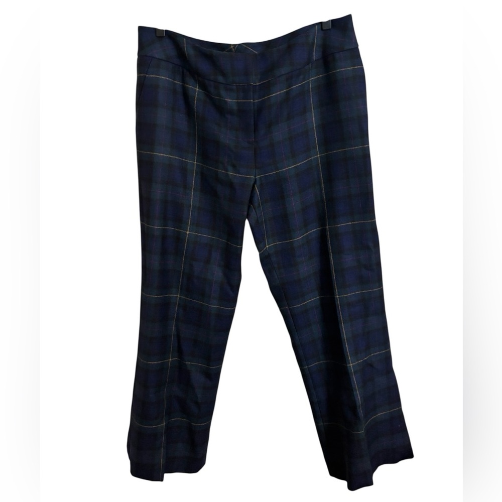J. McLaughlin Blue Green Plaid Straight Leg Wool Pantsâ Size 14